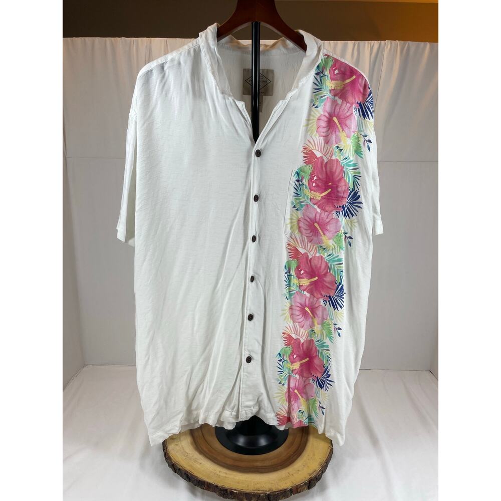Vintage St. John's Bay Rayon Hawaiian Shirt XXL Pink Hibiscus Border Print Y2K